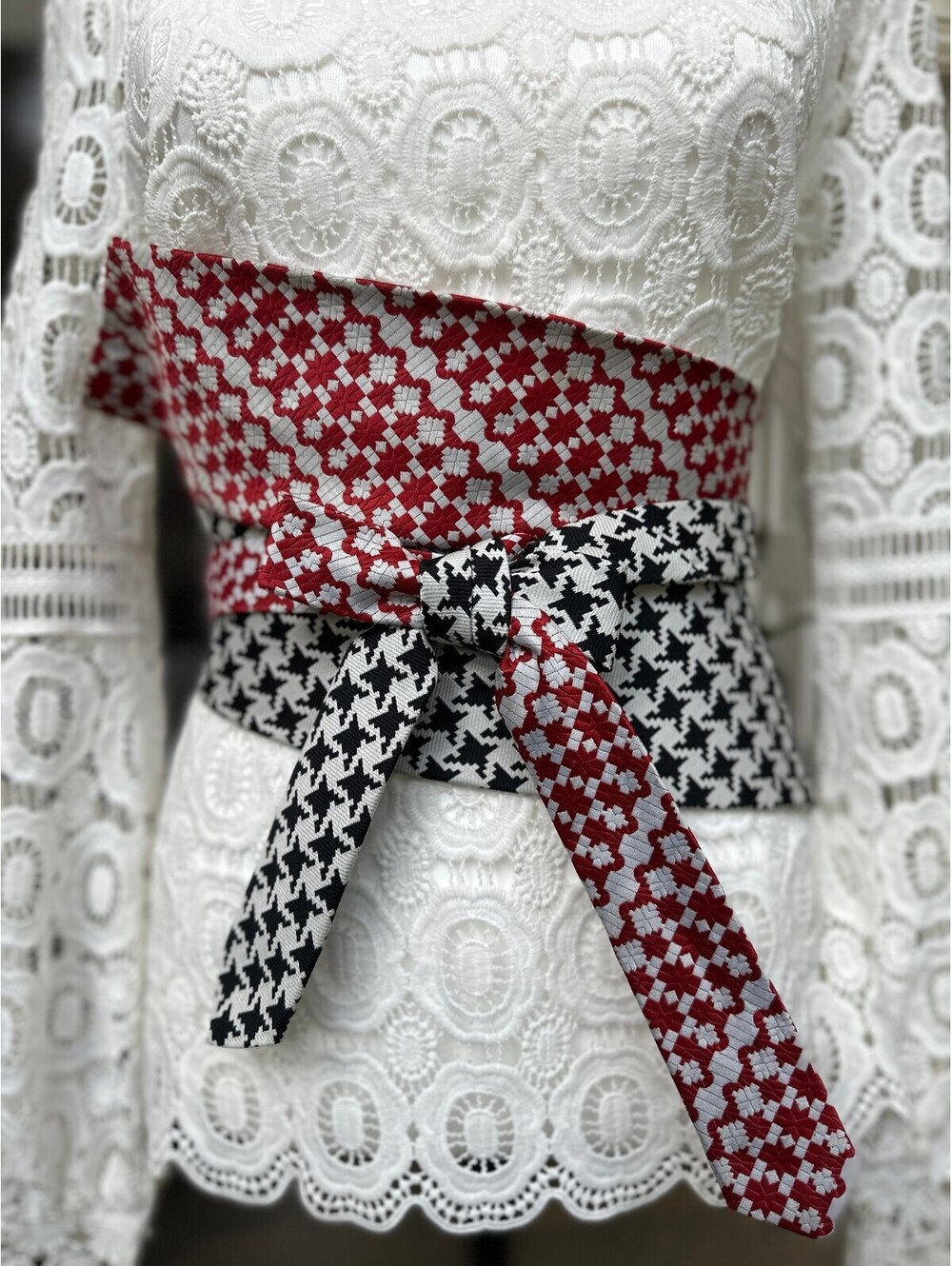 Upcycled Vintage Houndstooth Red & Black Obi Corset Style Waist Belt | OOAK | OS